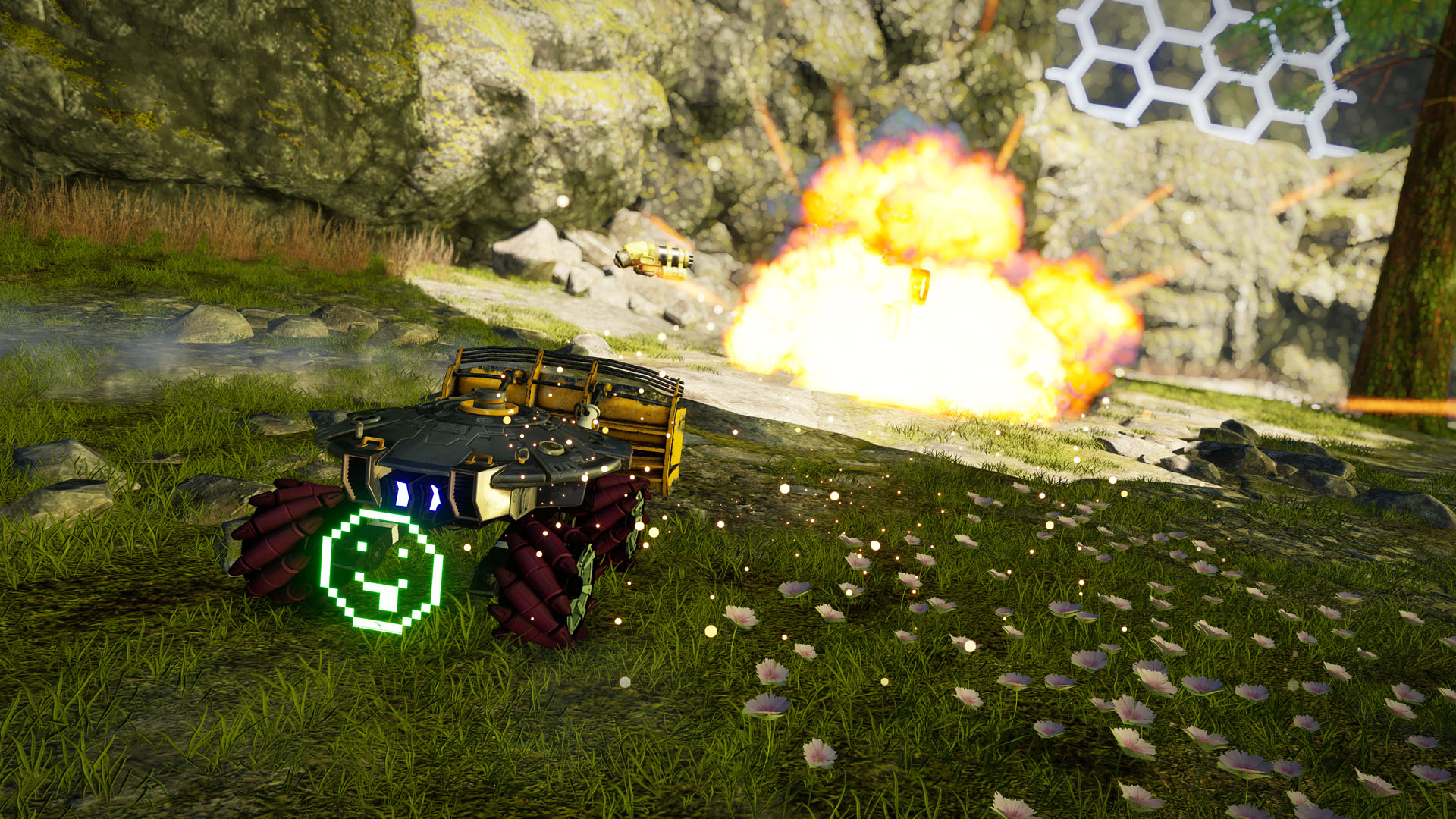 Game screenshot of a vehicle driving away from an explosion